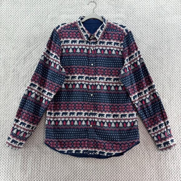 Chubbies Shirt Men L Blue Flip It Reverse It Christmas Bear Pearl Snap Button - Picture 1 of 16
